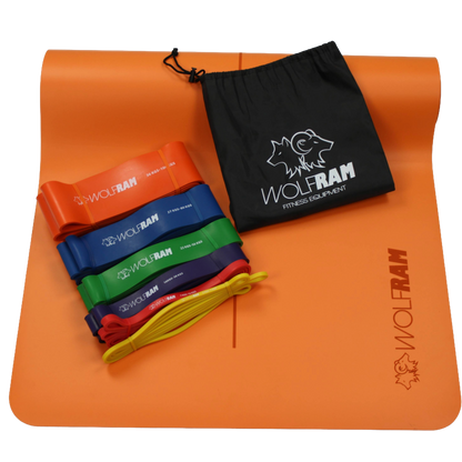 Wolfram Fitness orange yoga mat displayed with the 6-piece resistance band set and carry bag, creating a complete bundle for stretching, mobility work and full-body resistance training