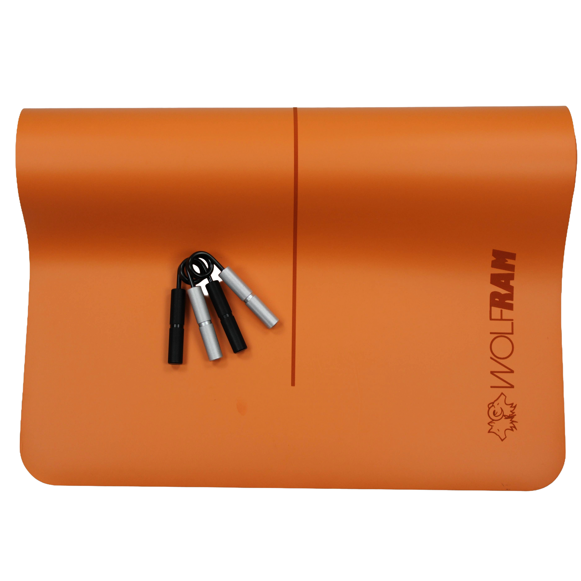 Wolfram Fitness orange yoga mat displayed with one black hand grip and one silver hand grip, offering varied resistance levels for grip and forearm workouts
