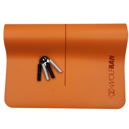 Wolfram Fitness orange yoga mat displayed with one black hand grip and one silver hand grip, offering varied resistance levels for grip and forearm workouts