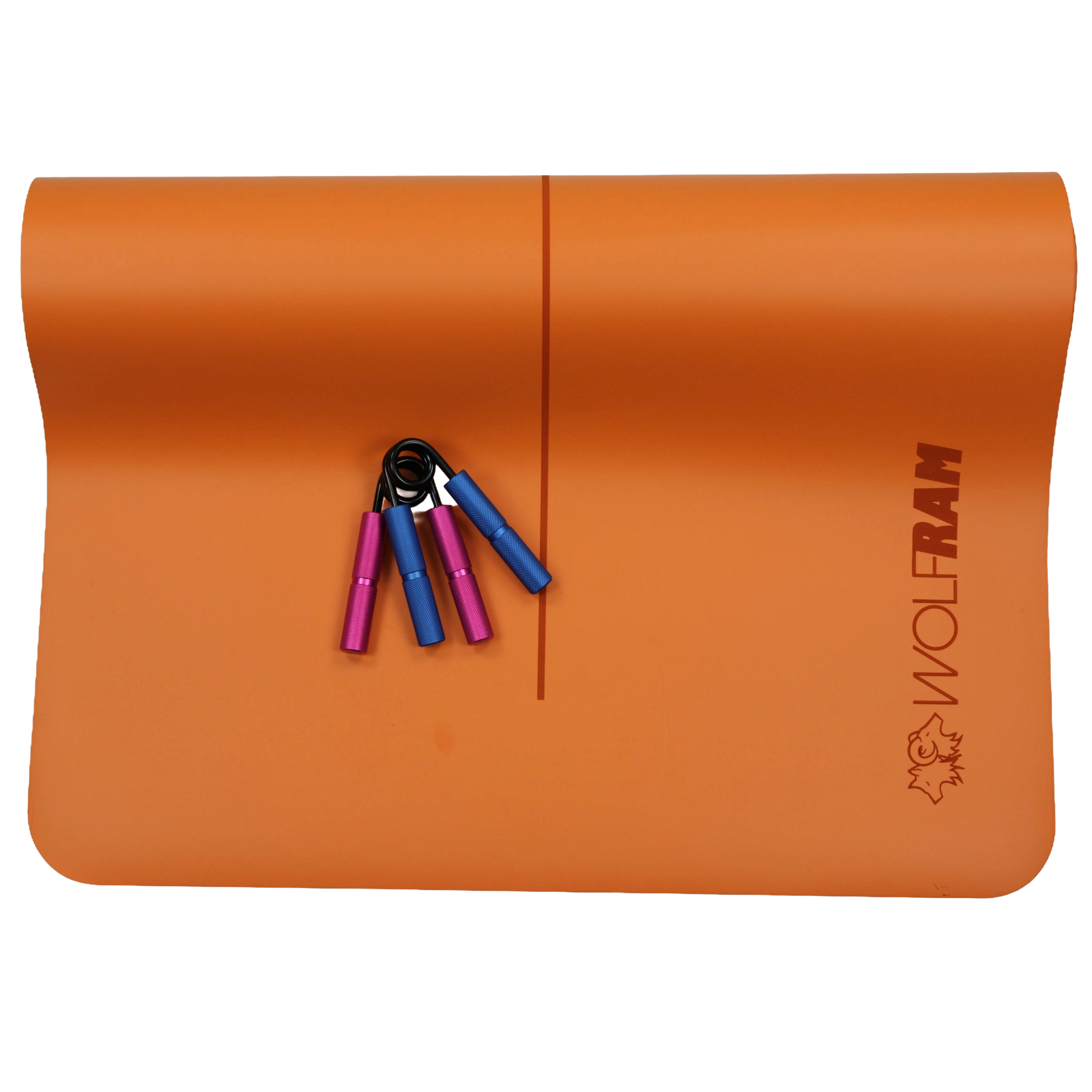 Wolfram Fitness orange yoga mat displayed with one blue and one pink hand grip, offering a colourful mixed-resistance set for grip and forearm strength training