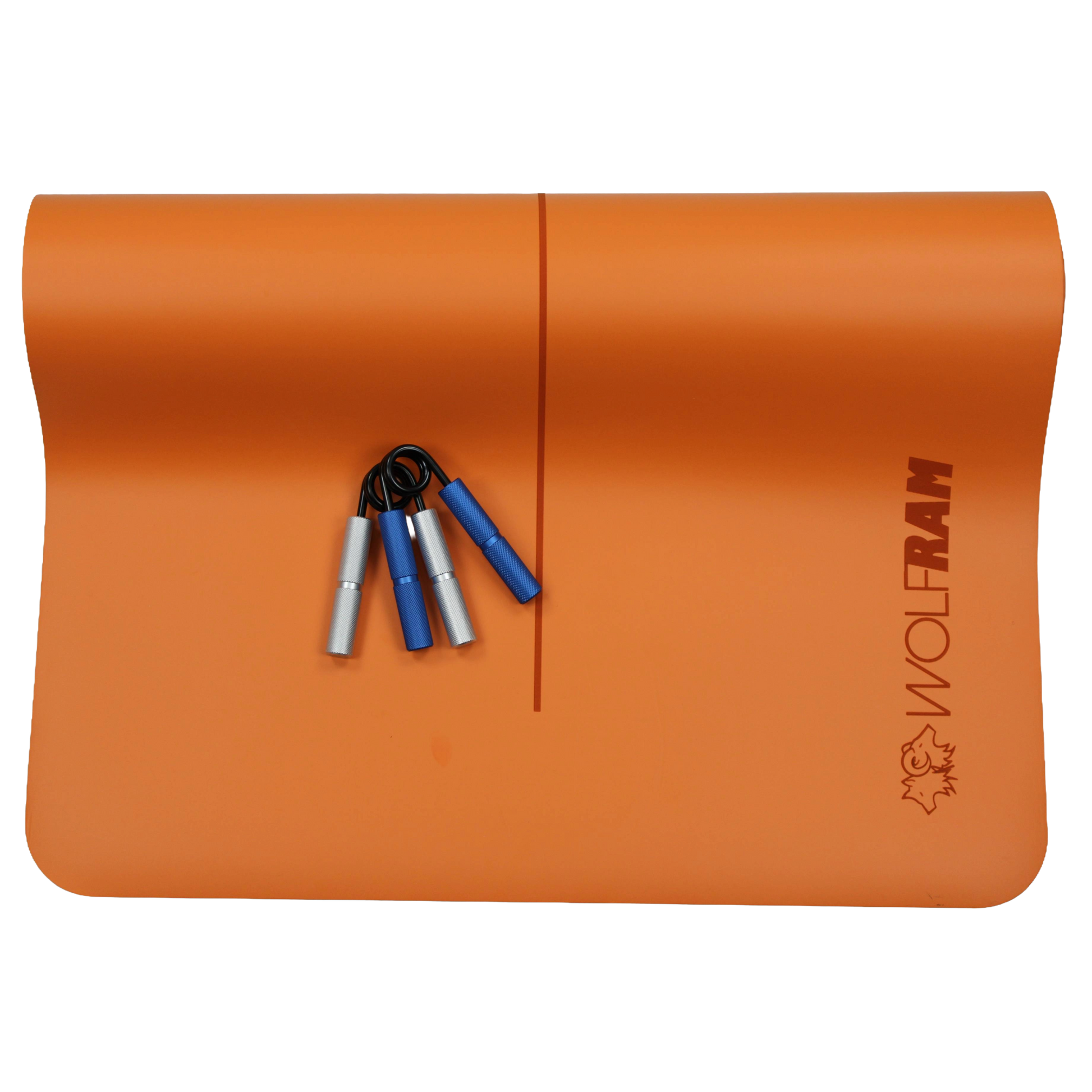 Wolfram Fitness orange yoga mat with one blue and one silver hand grip, combining medium and heavy-resistance grips for strength conditioning