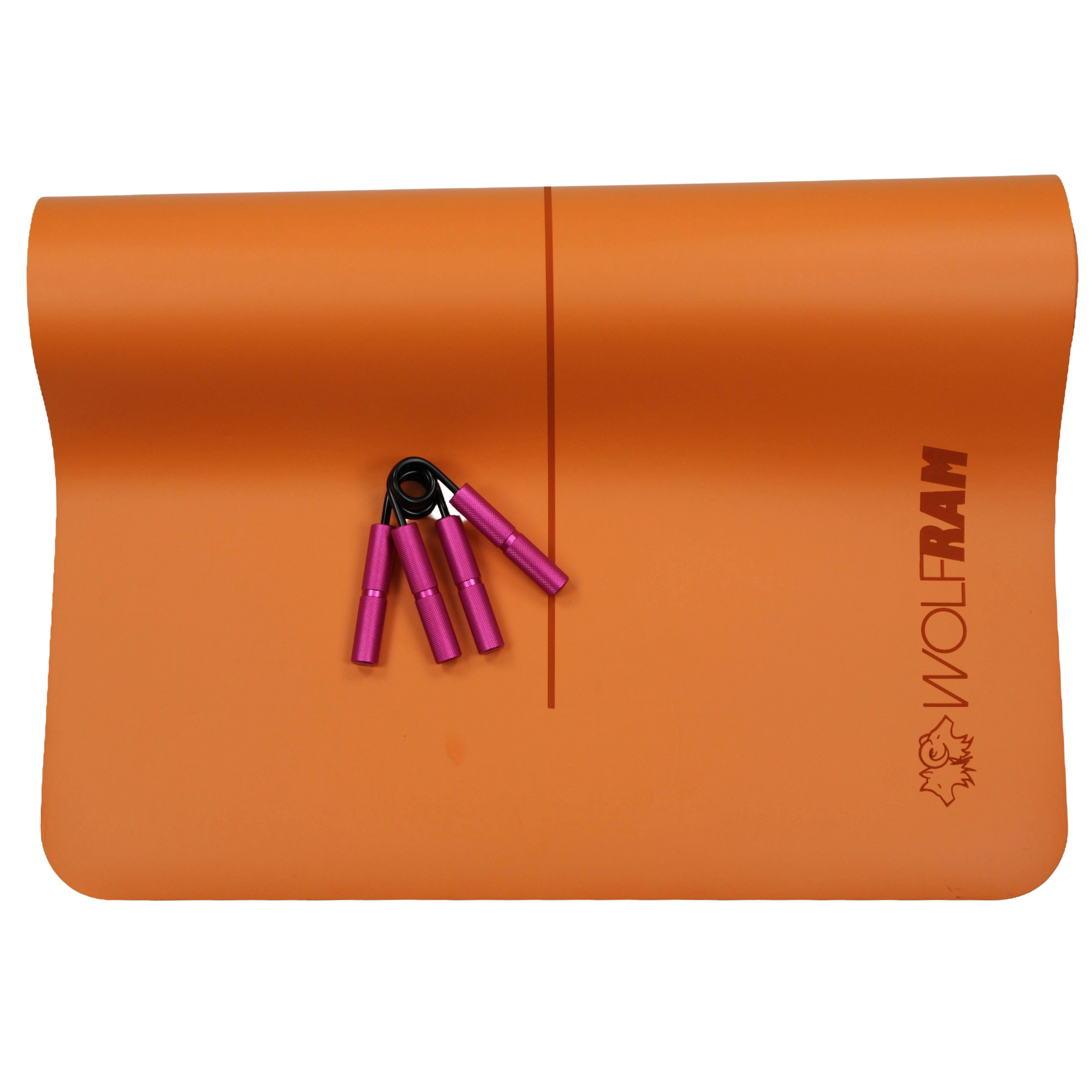 Wolfram Fitness orange yoga mat laid out with two pink hand grips in 45kg and 68kg resistance levels, showcasing premium grip trainers for forearm, finger and hand strength.