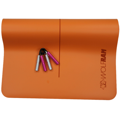 Wolfram Fitness orange yoga mat featuring one pink and one silver hand grip, each at different resistance levels for varied grip and forearm training