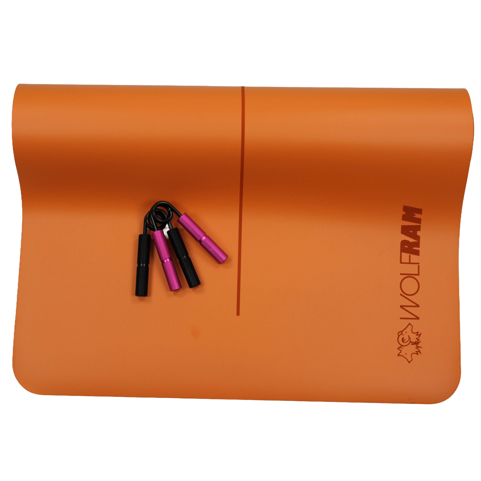 Wolfram Fitness orange yoga mat displayed with a pink and black hand grips in 45kg and 68kg resistance, designed for grip-strength and forearm training.