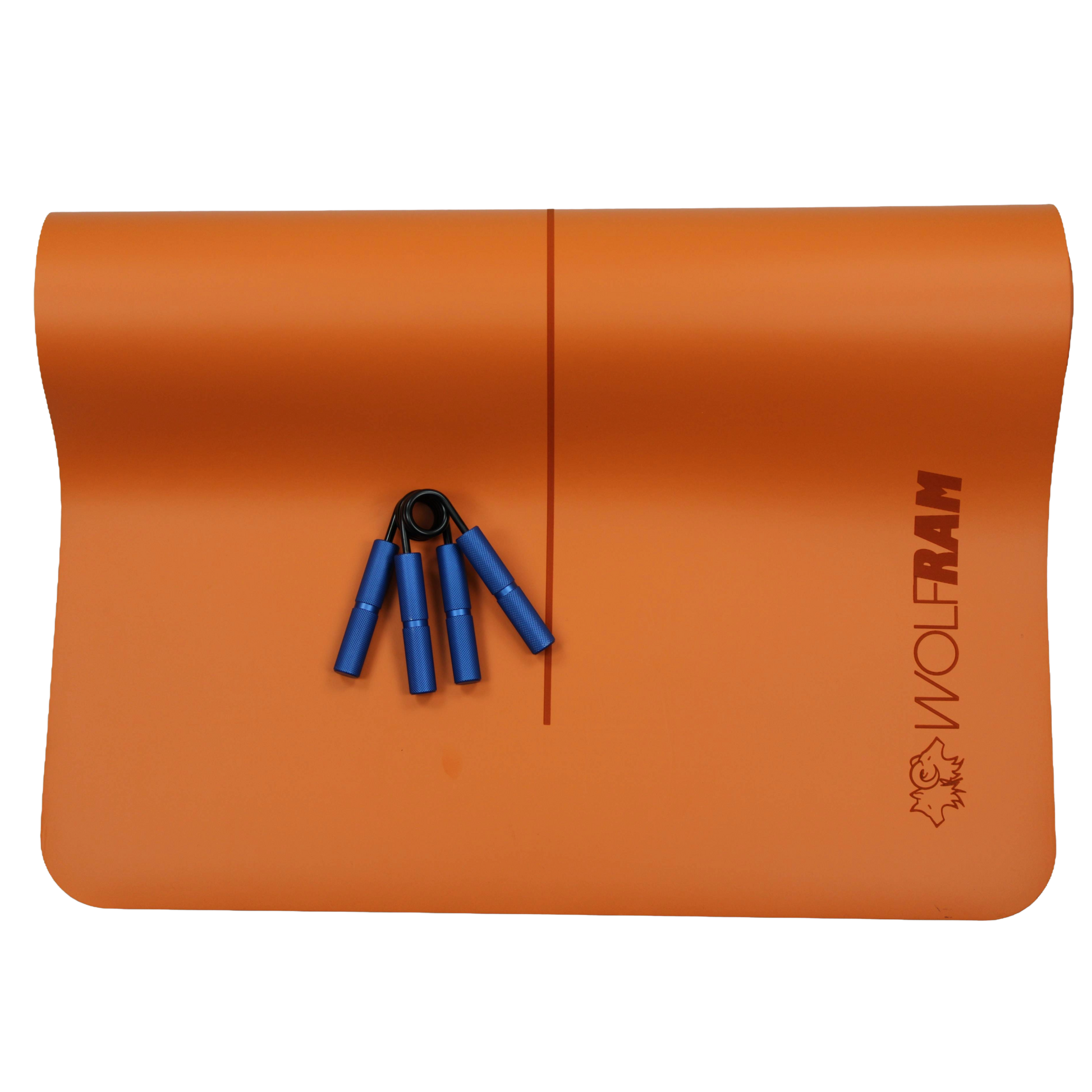 Wolfram Fitness orange yoga mat featuring two blue hand grips, ideal for moderate-resistance forearm and grip training