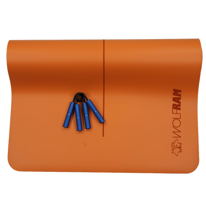 Wolfram Fitness orange yoga mat featuring two blue hand grips, ideal for moderate-resistance forearm and grip training