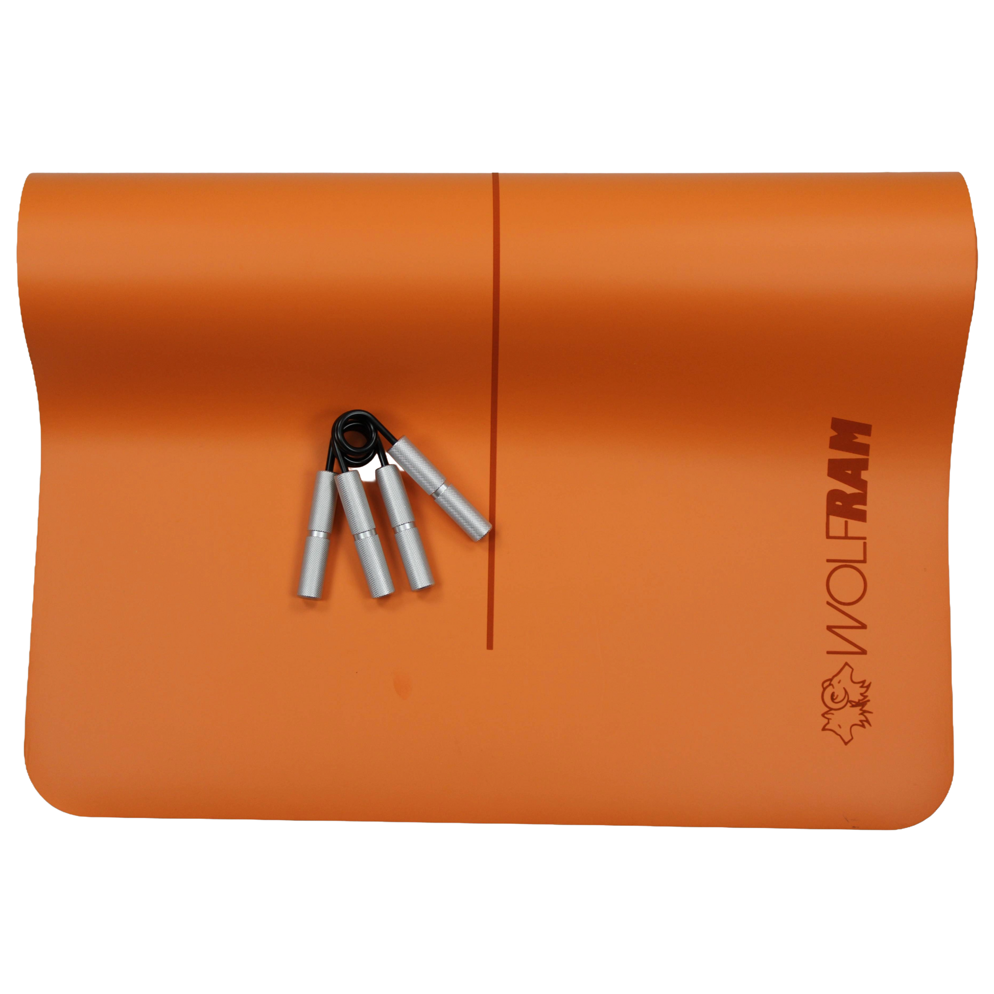 Orange Wolfram Fitness yoga mat displayed with two silver heavy-duty steel hand grips, ideal for progressive grip and forearm strength training