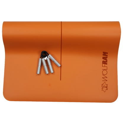 Orange Wolfram Fitness yoga mat displayed with two silver heavy-duty steel hand grips, ideal for progressive grip and forearm strength training