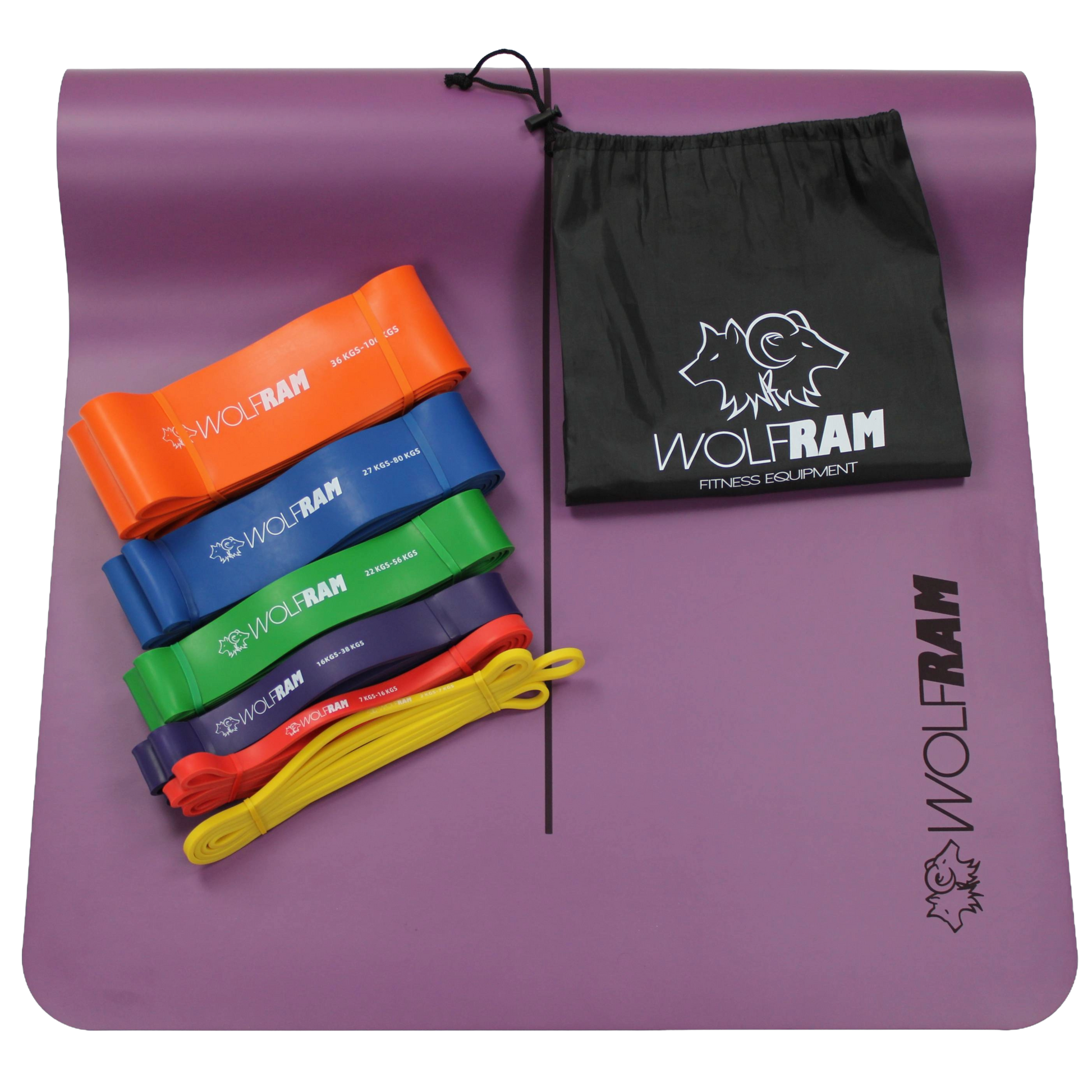 Wolfram Fitness purple yoga mat displayed with the 6-piece resistance band set and carry bag, featuring multiple strength levels for full-body stretching, mobility and strength training