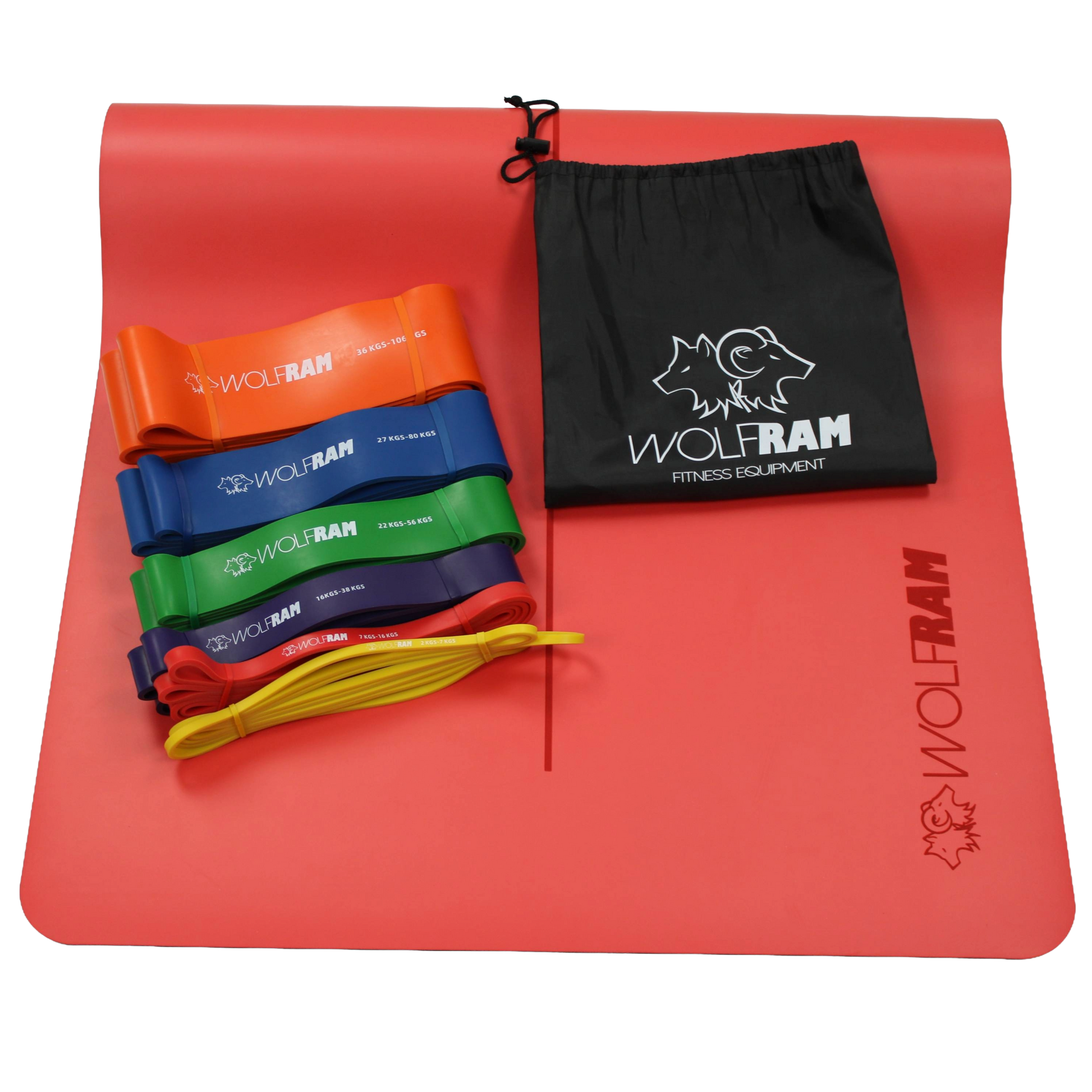 Wolfram Fitness red yoga mat paired with the 6-piece resistance band set and carry bag, offering a versatile kit for stretching, mobility exercises and full-body resistance training