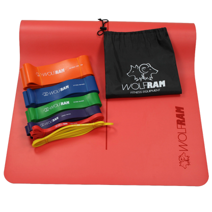Wolfram Fitness red yoga mat paired with the 6-piece resistance band set and carry bag, offering a versatile kit for stretching, mobility exercises and full-body resistance training