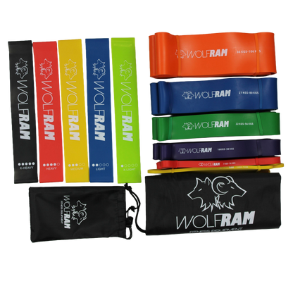 Wolfram Fitness resistance band set featuring six long bands and five latex booty bands with a carry bag for full-body home and glute training