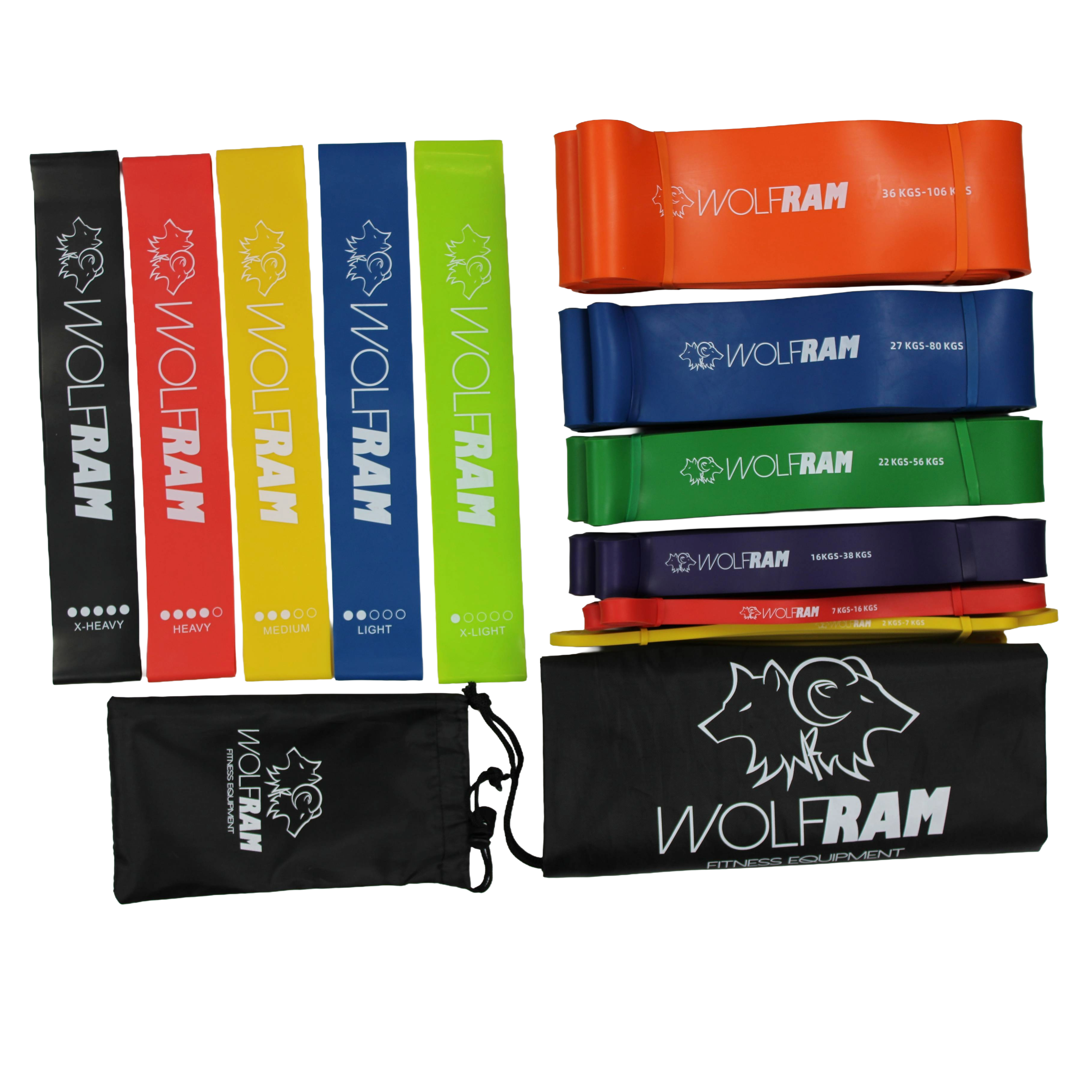 Wolfram Fitness resistance band set featuring six long bands and five latex booty bands with a carry bag for full-body home and glute training