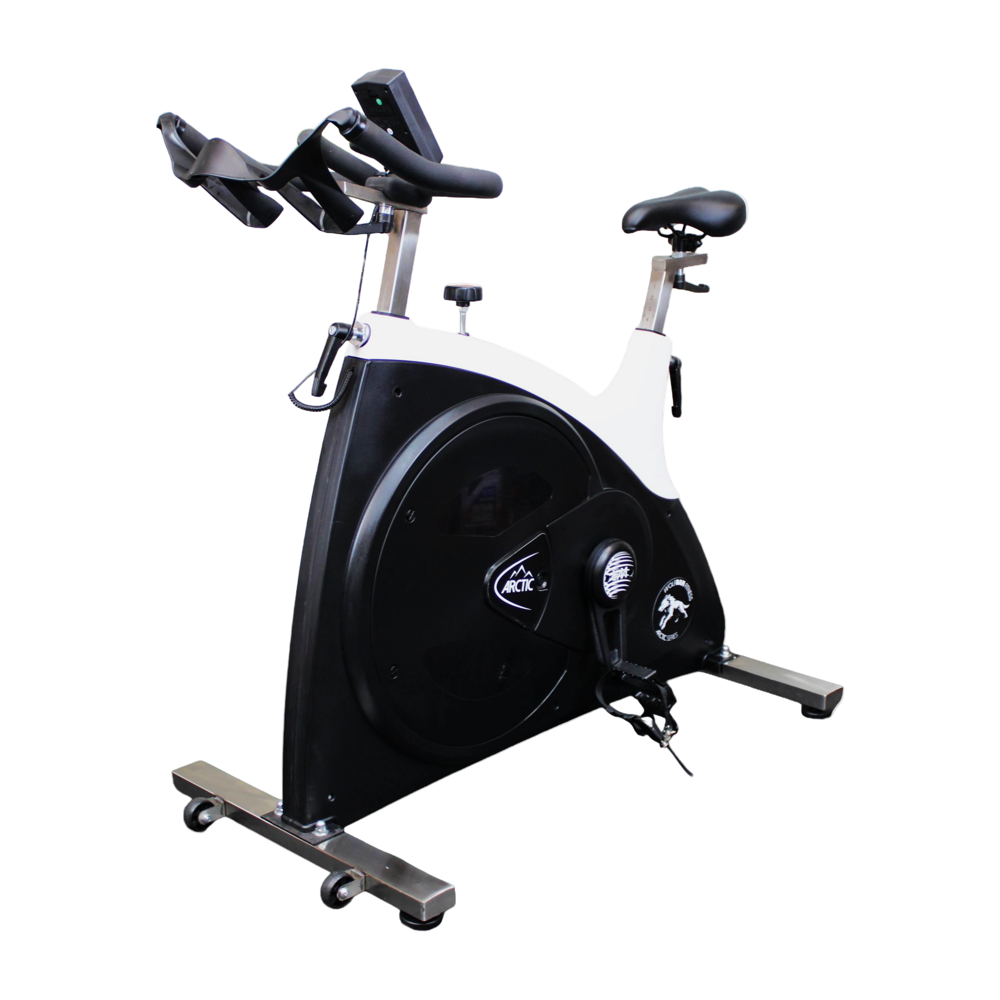 Front view of the Wolfram Fitness spin bike showing the left side, featuring the heavy-duty steel frame, adjustable seat and handlebars, and 22kg flywheel cover.