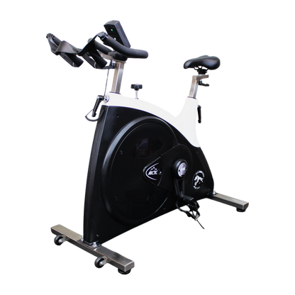 Front view of the Wolfram Fitness spin bike showing the left side, featuring the heavy-duty steel frame, adjustable seat and handlebars, and 22kg flywheel cover.