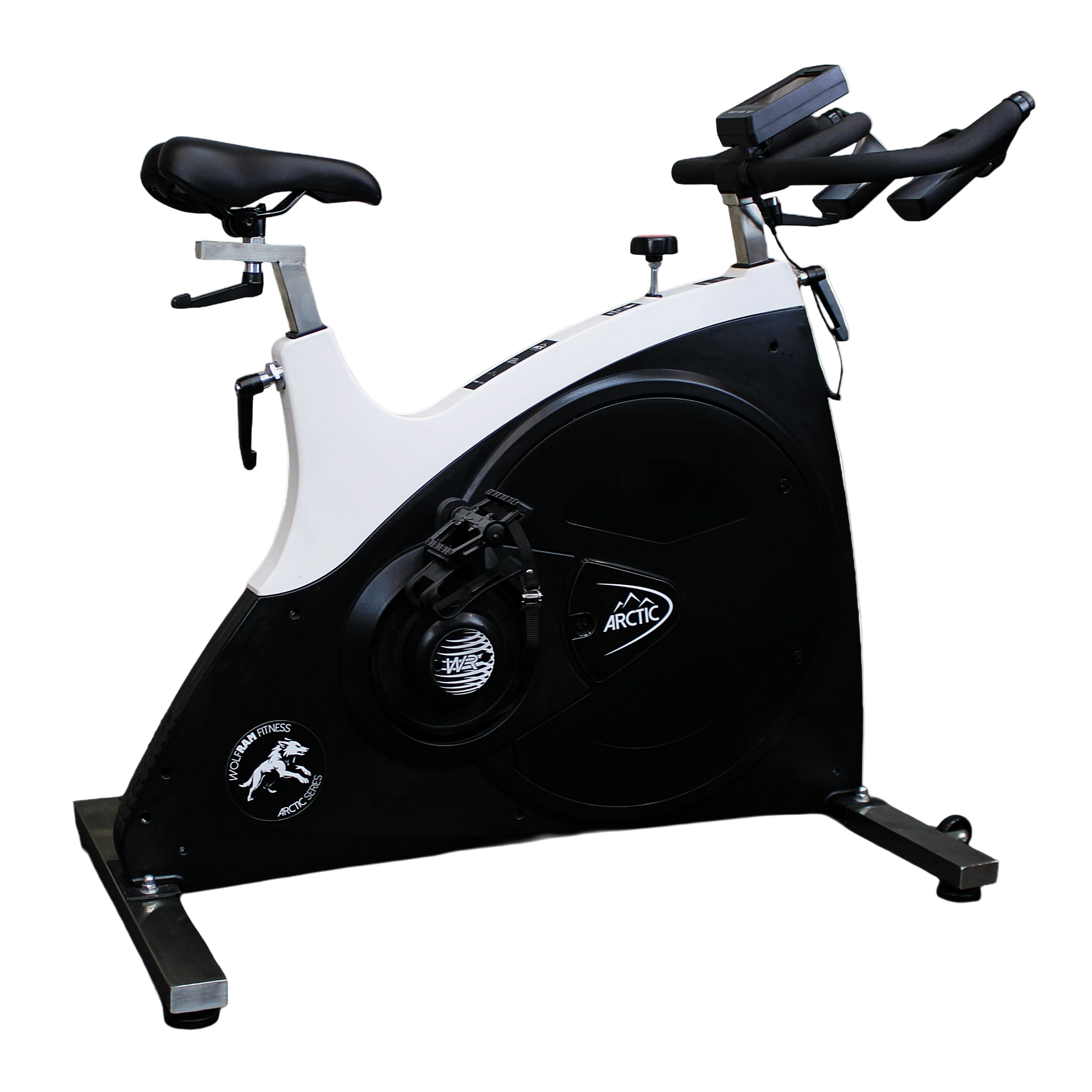 Full right-side view of the Wolfram Fitness spin bike, displaying the 22kg flywheel cover, adjustable handlebars and seat, heavy-duty frame, and belt-drive system