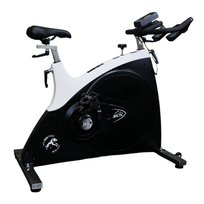 Full right-side view of the Wolfram Fitness spin bike, displaying the 22kg flywheel cover, adjustable handlebars and seat, heavy-duty frame, and belt-drive system