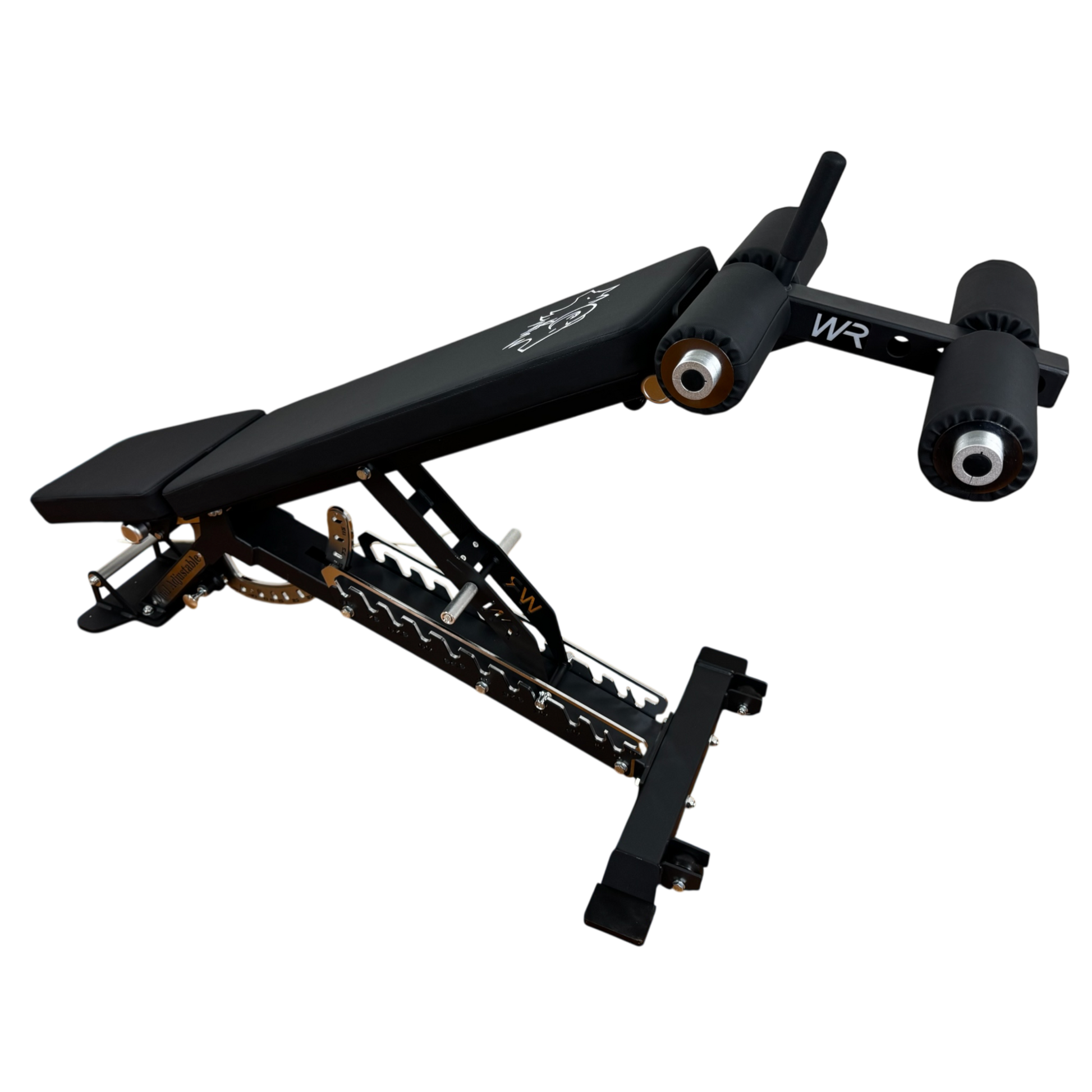 Wolfram Fitness zero-gap adjustable weight bench featuring the leg hold-down attachment for secure incline, decline and flat strength training