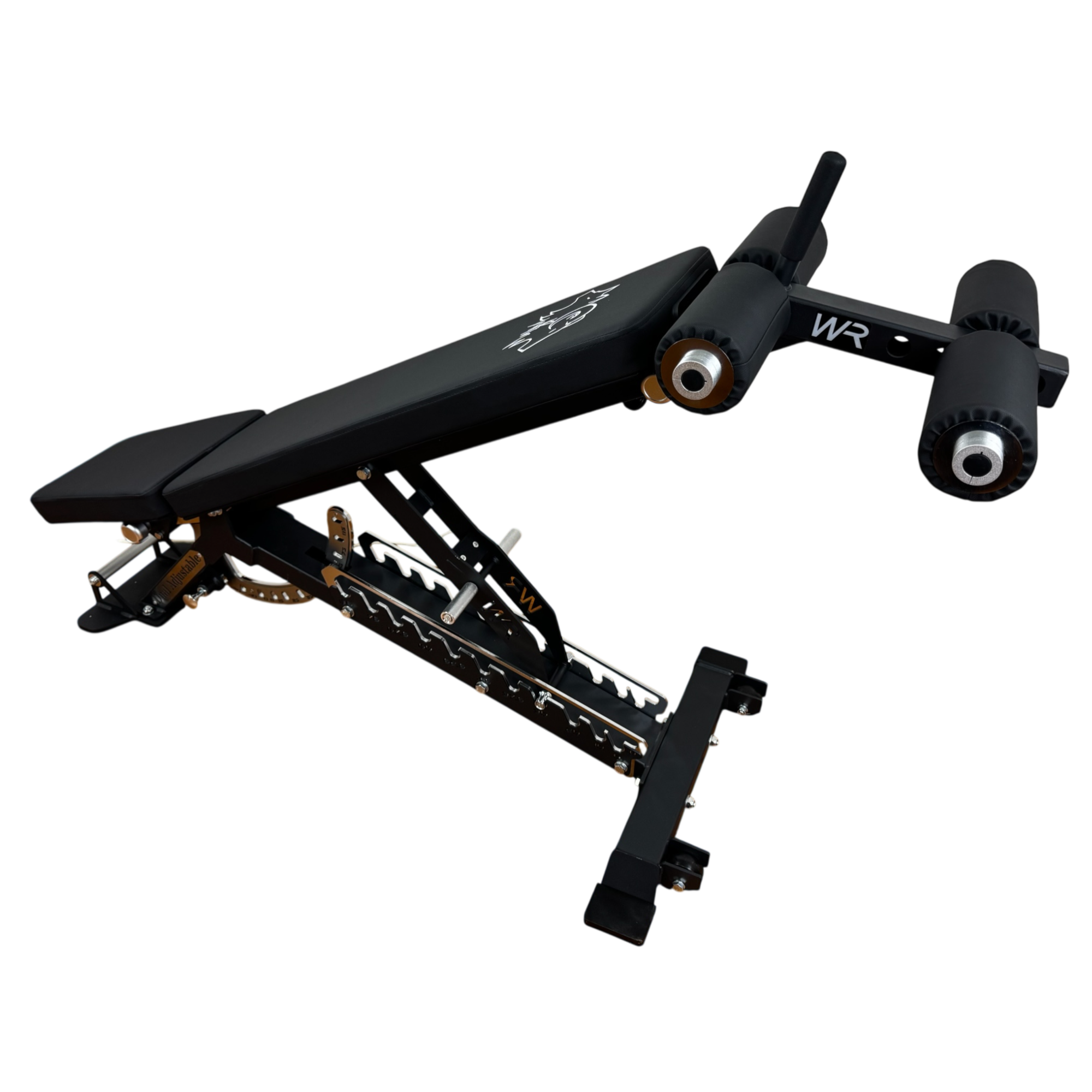 Wolfram Fitness zero-gap adjustable weight bench featuring the leg hold-down attachment for secure incline, decline and flat strength training