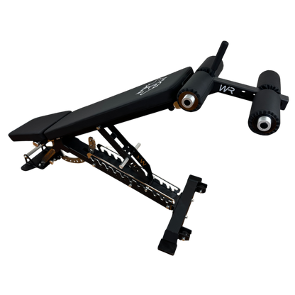 Wolfram Fitness zero-gap adjustable weight bench featuring the leg hold-down attachment for secure incline, decline and flat strength training