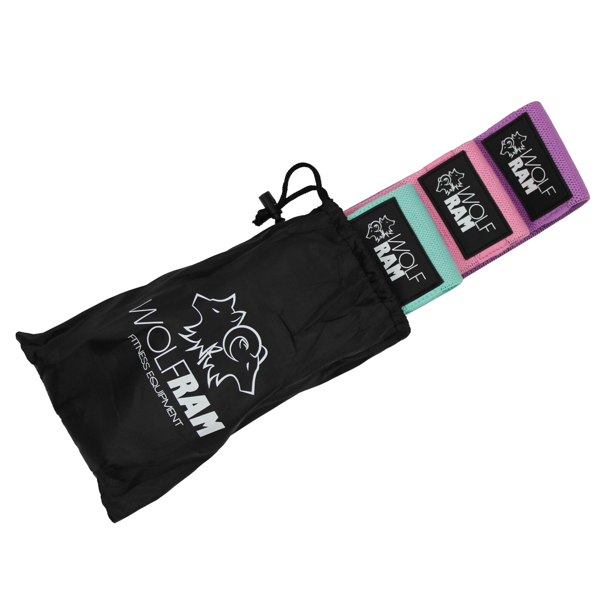 Wolfram Fitness 3-piece knitted booty bands partially tucked into the top of the carry bag, showcasing light, medium, and heavy resistance levels.