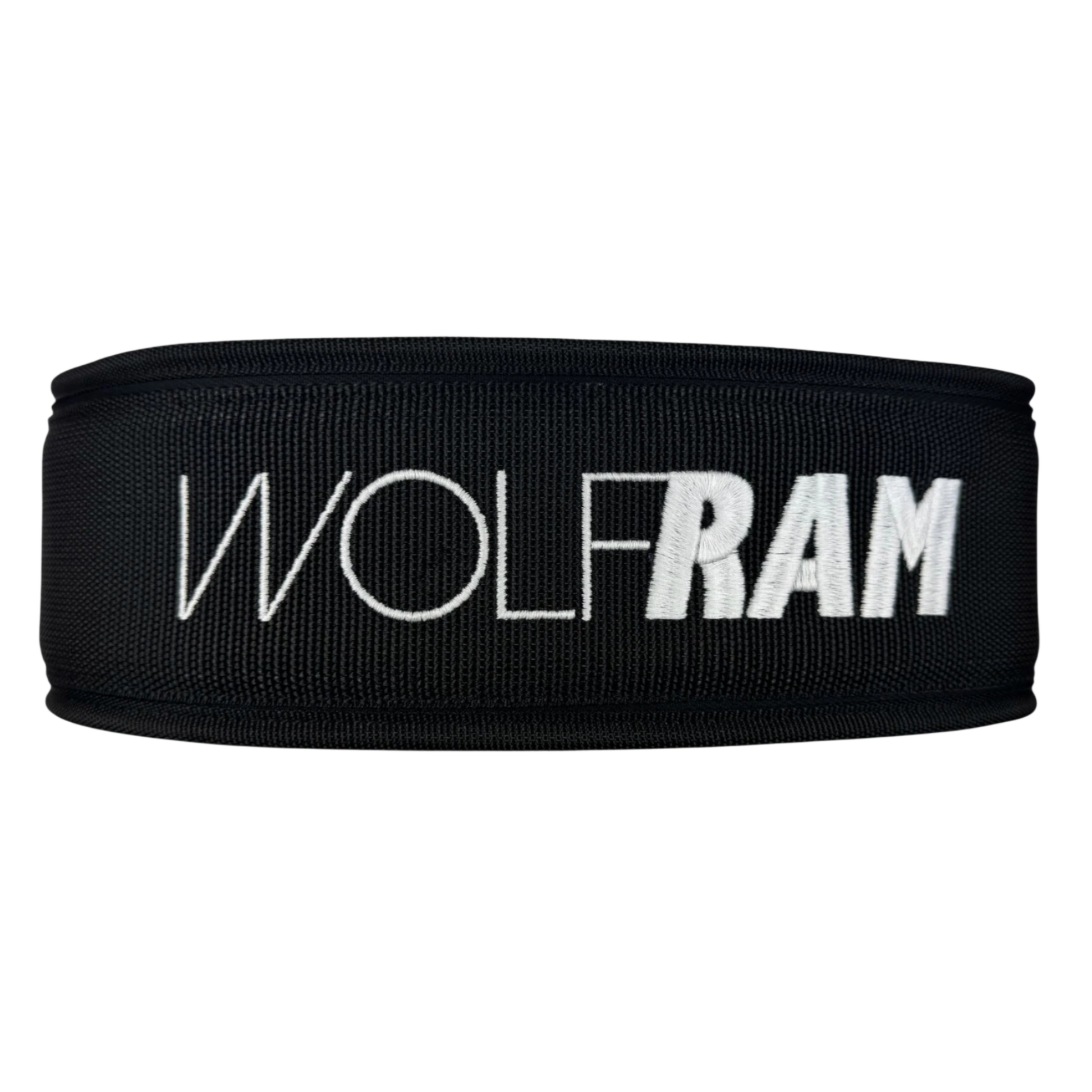 Wolfram Fitness nylon weightlifting belt showing the embroidered Wolfram logo on the back, designed for adjustable support and durability during training.