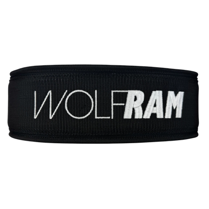 Wolfram Fitness nylon weightlifting belt showing the embroidered Wolfram logo on the back, designed for adjustable support and durability during training.