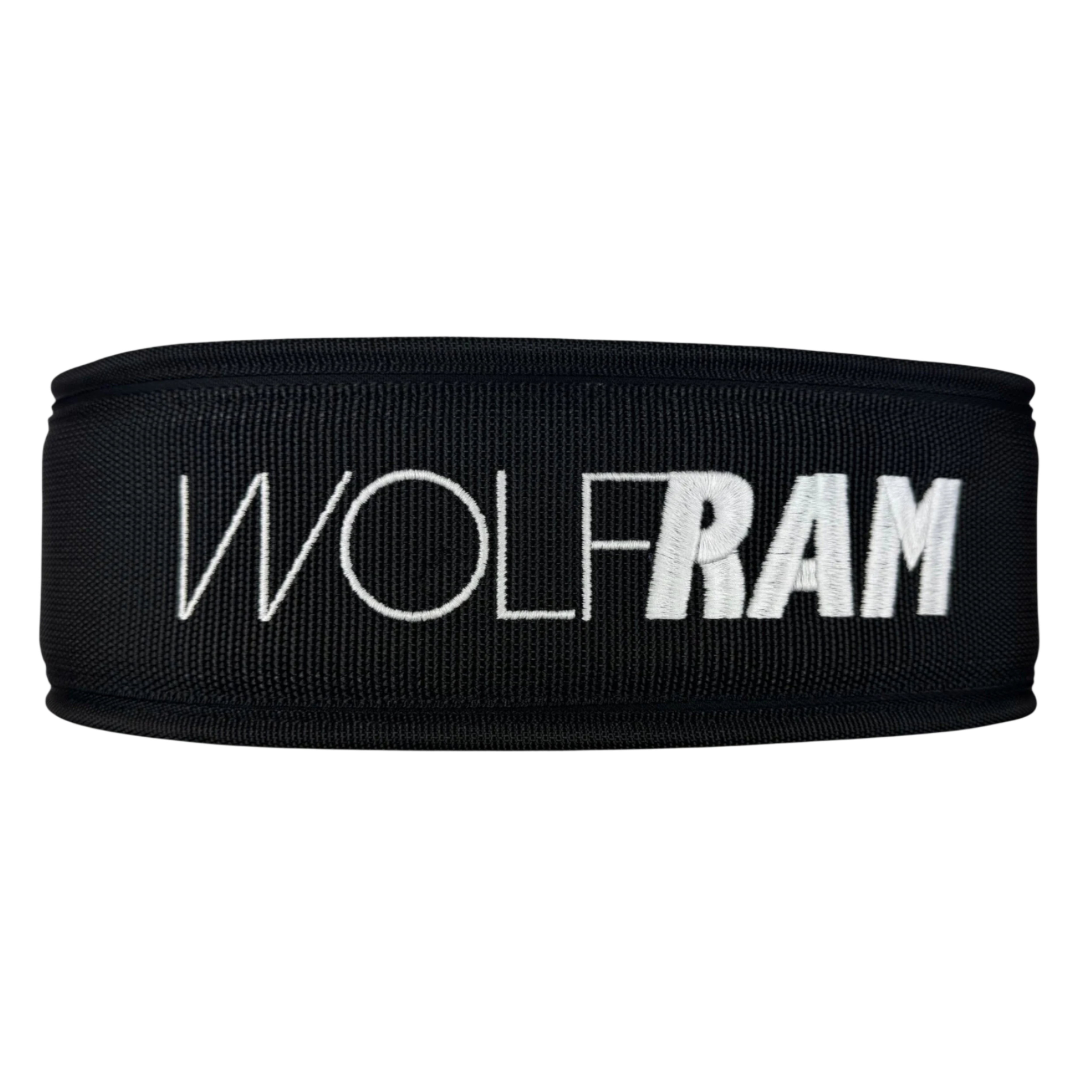 Wolfram Fitness nylon weightlifting belt showing the embroidered Wolfram logo on the back, designed for adjustable support and durability during training.