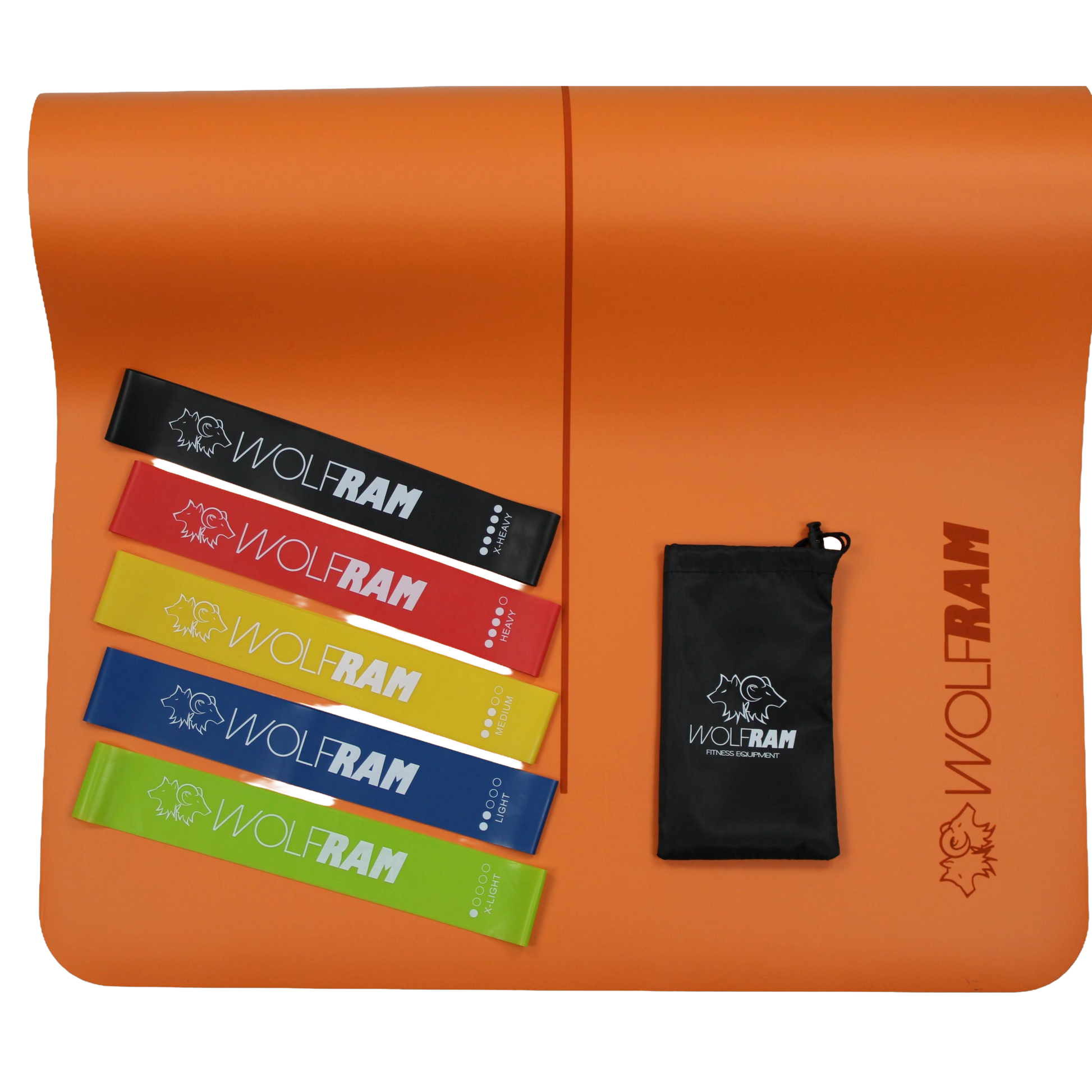 Orange Wolfram Fitness yoga mat showcasing a 5-piece set of latex booty bands in assorted resistance levels, arranged with the included carry bag.