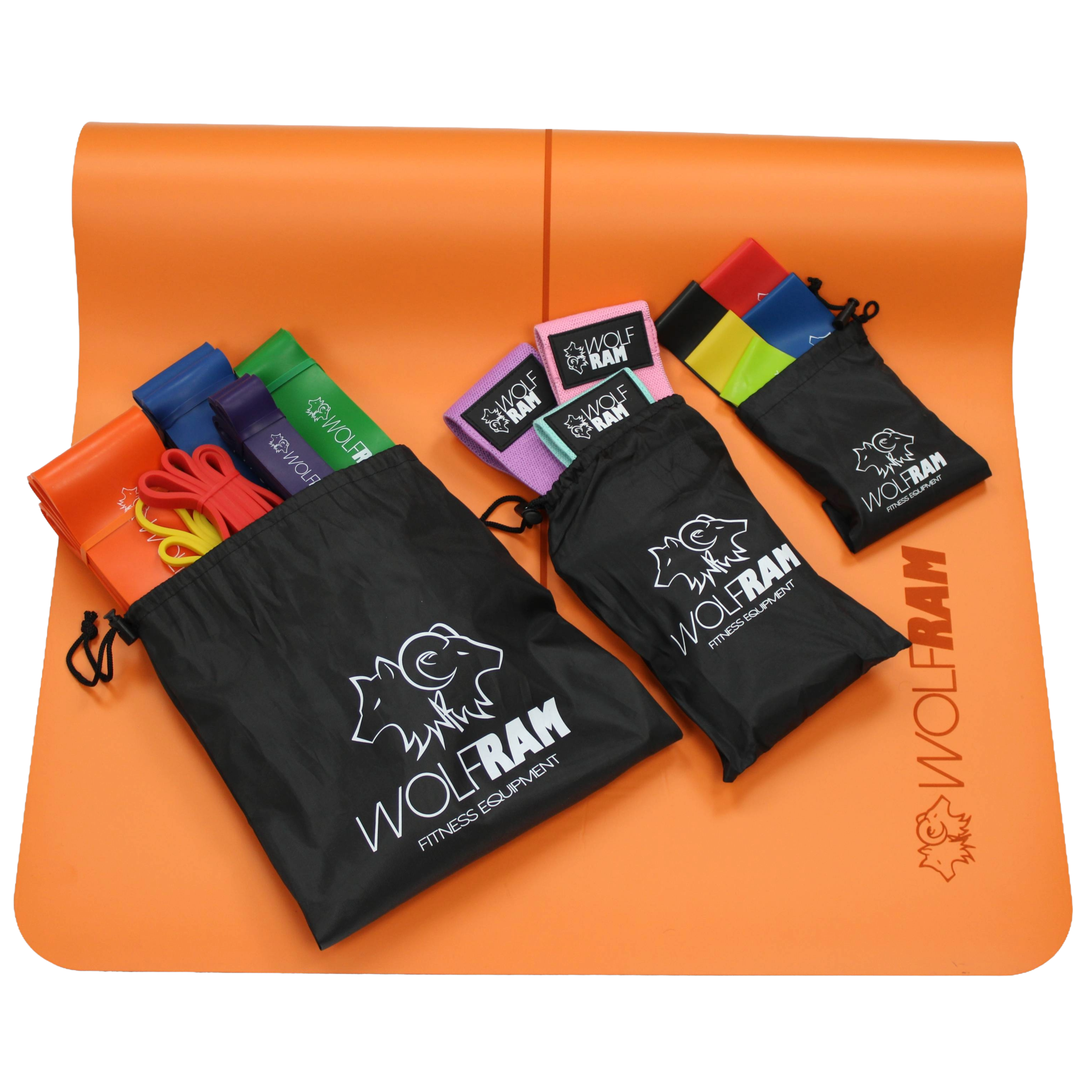 Orange Wolfram Fitness yoga mat displaying all resistance band sets in their bags, including the 6-piece long bands, 5-piece latex booty bands, and 3-piece knitted bands