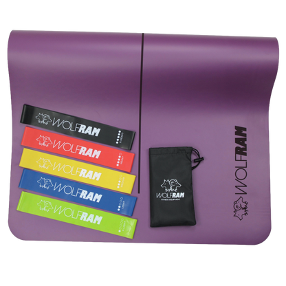 Purple Wolfram Fitness yoga mat featuring a 5-piece set of latex booty bands in multiple resistance levels, neatly arranged with the carry bag.