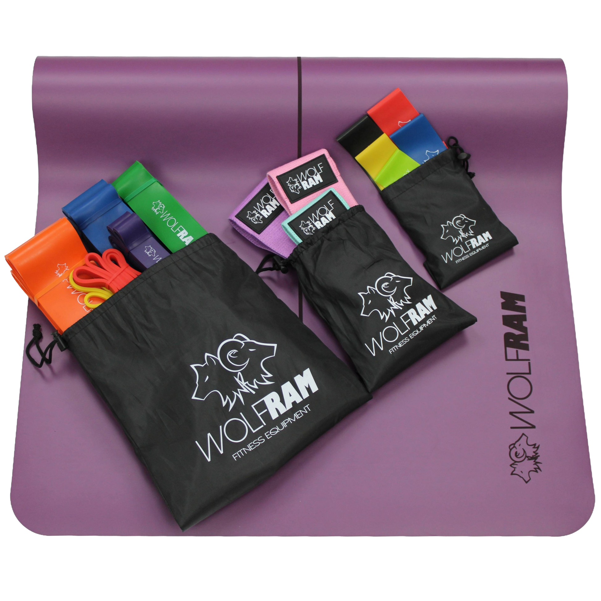 Purple Wolfram Fitness yoga mat showcasing all resistance band sets in their bags, including the 6-piece long resistance bands, 5-piece latex booty bands, and 3-piece knitted bands