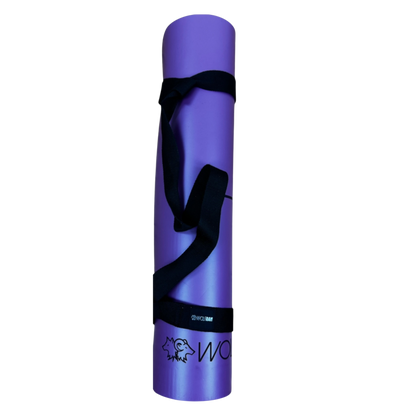Purple Wolfram Fitness yoga mat with an integrated carry handle for easy transport and convenient workout use.