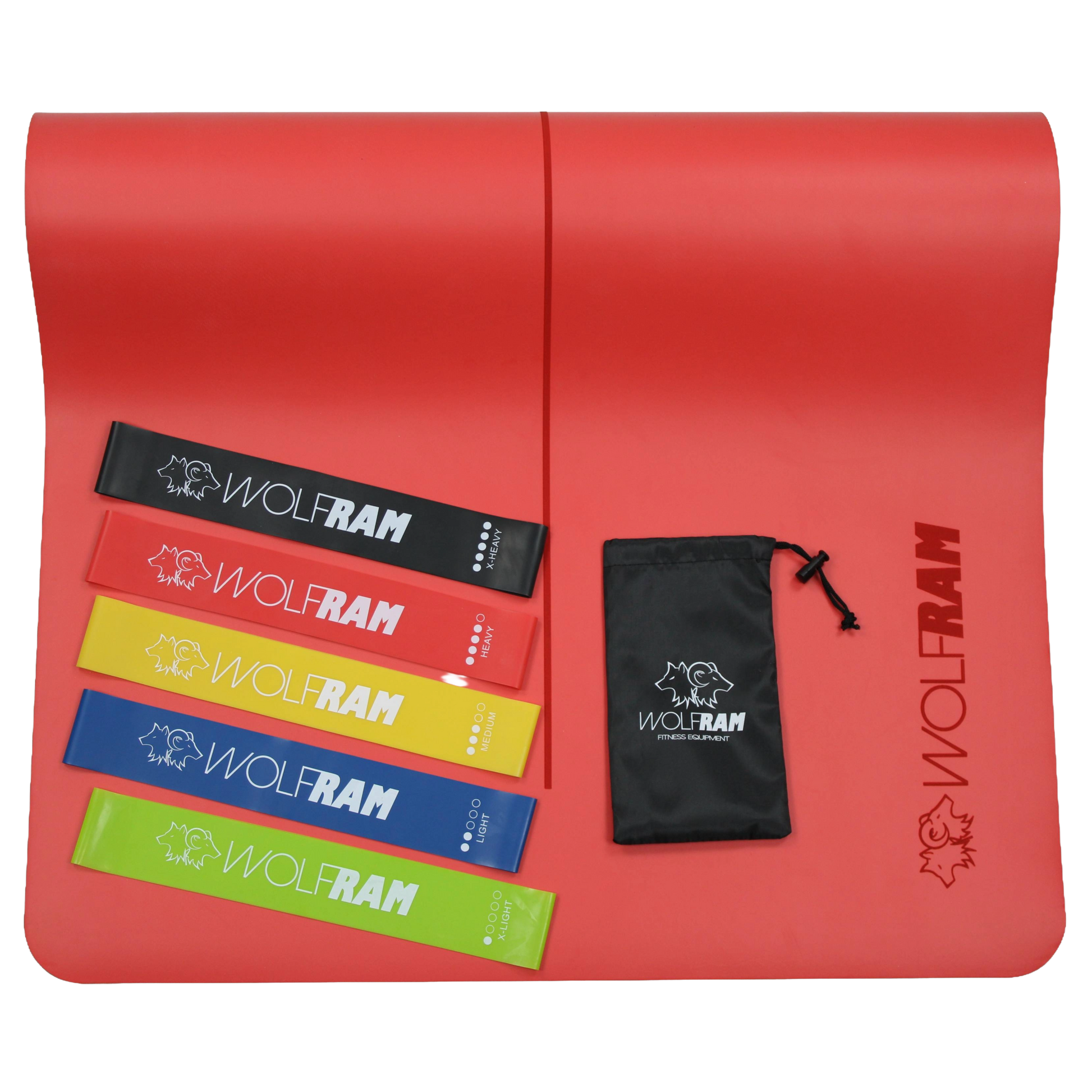 Red Wolfram Fitness yoga mat displaying a 5-piece set of latex booty bands in varying resistance levels, arranged neatly with the carry bag.