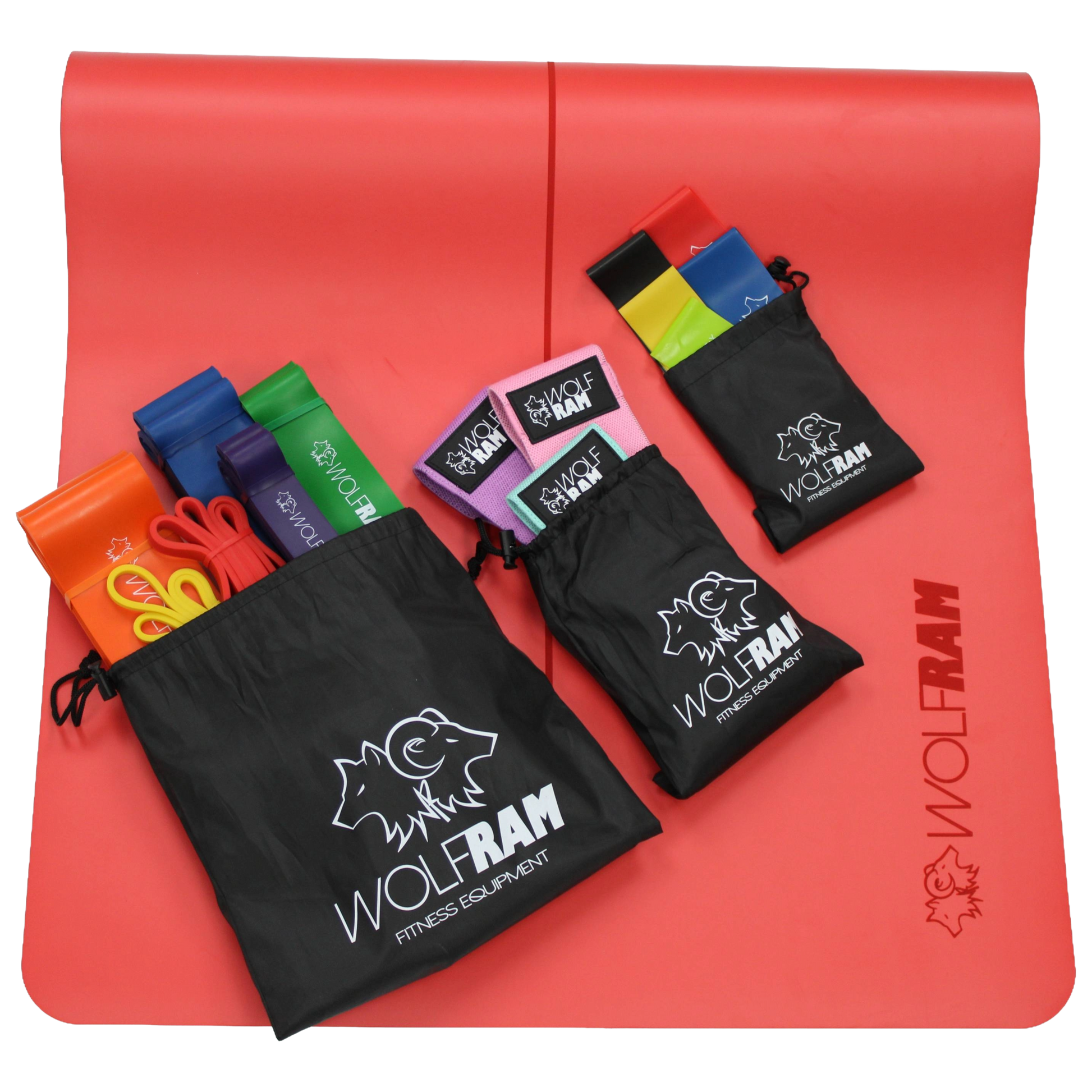 Red Wolfram Fitness yoga mat displaying all resistance band sets in their bags, including the 6-piece long resistance bands, 5-piece latex booty bands, and 3-piece knitted bands.