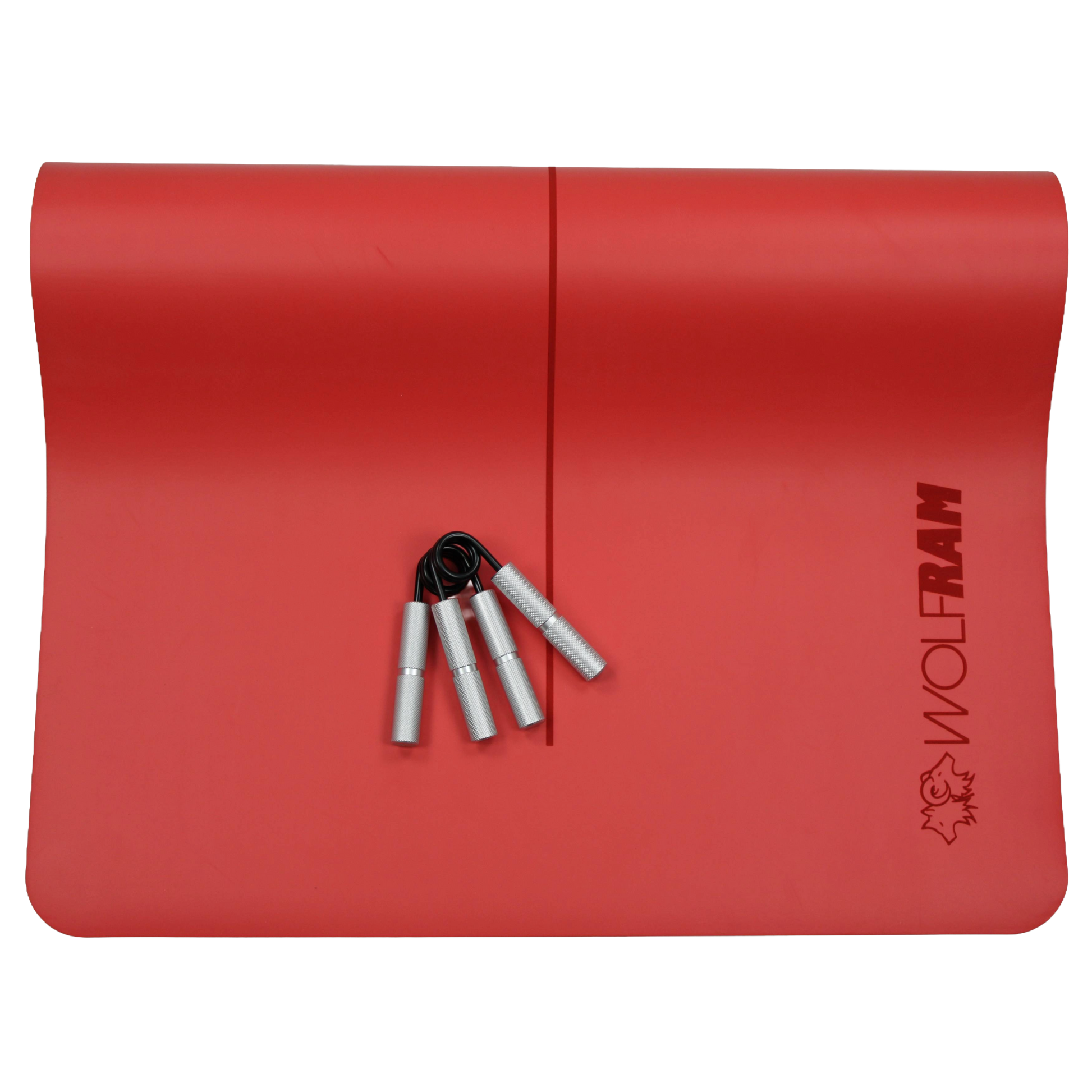 Red Wolfram Fitness yoga mat displaying two silver hand grips positioned side by side for strength and resistance training.